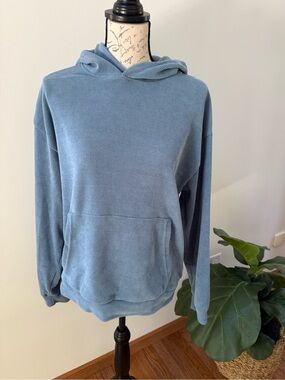 Ribbed Hoodie Size Medium Blue Pullover Soft Stretch Hooded Sweatshirt